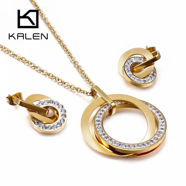 Kalen – ensemble de bijoux en acier inoxydable pour femmes, pendentif trois ronds, collier et boucles d'oreilles,