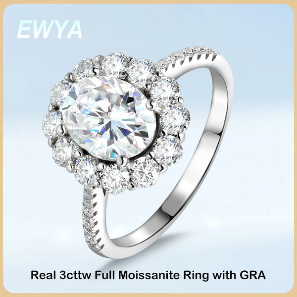 Bague de fiançailles de luxe EWYA en argent 925 avec diamants taille ovale en Moissanite 3 carats et couleur D certifiée GRA pour femme