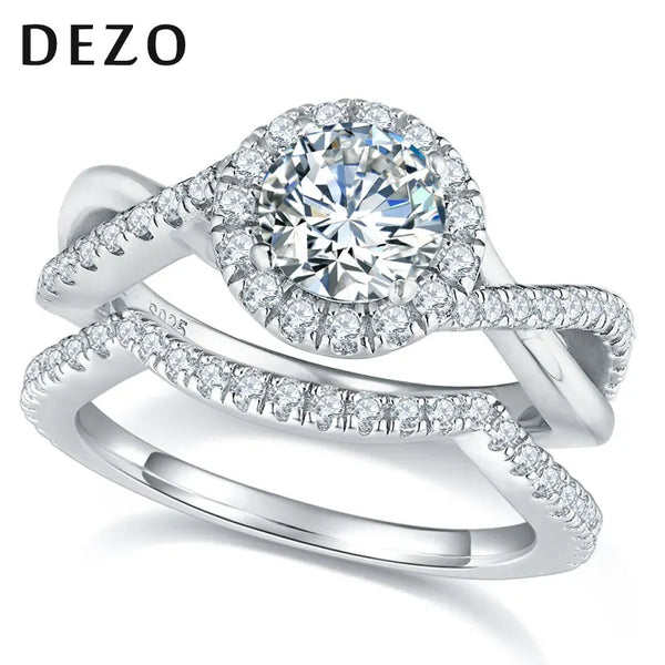 Ensemble d'alliances de mariage DEZO Moissanite pour elle Total de 1,75 ct Bague de fiançailles torsadée en argent massif 925 Rond VVS D Couleur Certificat GRA